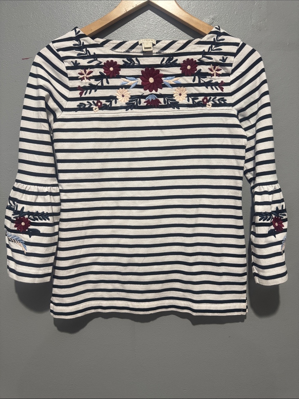 J. Crew Navy & White Striped Boatneck Top with Floral Embroidery